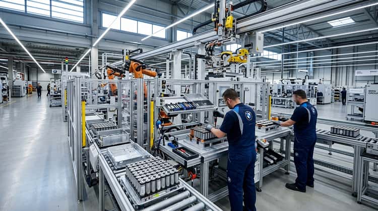 Fertigungshalle eines BMW-Werks mit automatisierten Batteriemontage-Stationen, Roboterarmen und Fließband zur Produktion von Gen6-Akkus.