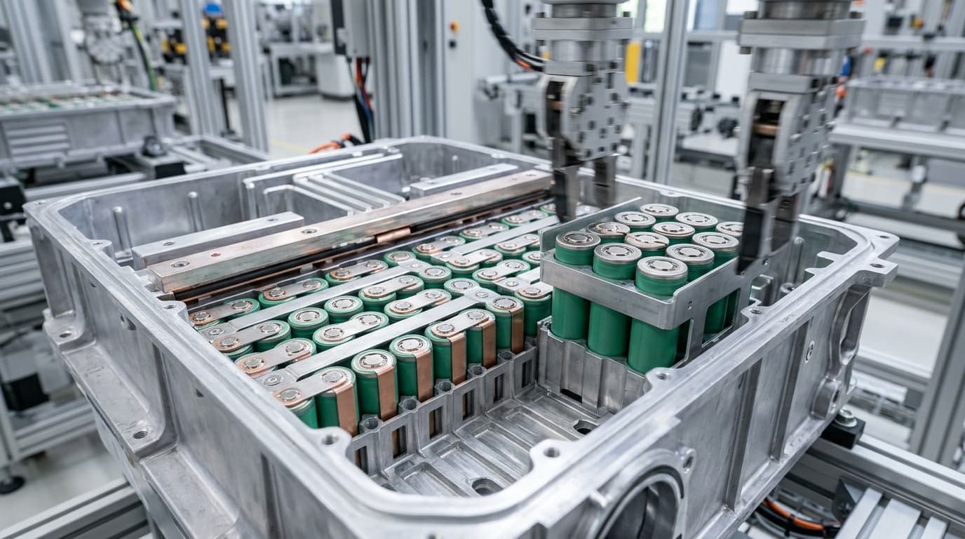 Detailaufnahme einer BMW Gen6-Rundzelle und des Batteriegehäuses, Montagestufe ohne Zwischenmodule im Cell-to-Pack-Verfahren.