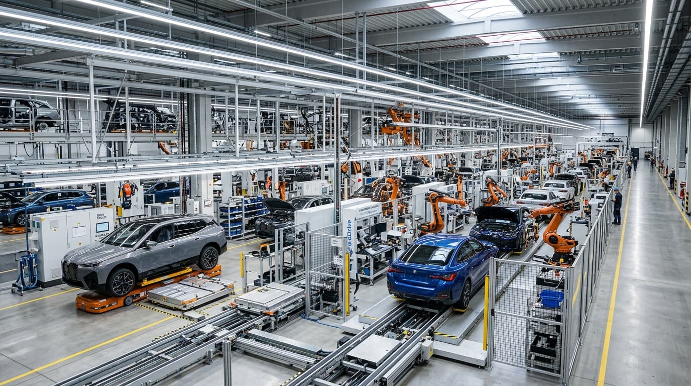 Blick in eine moderne Automontageanlage mit mehreren Elektrofahrzeugen auf Förderbändern und Montagestationen