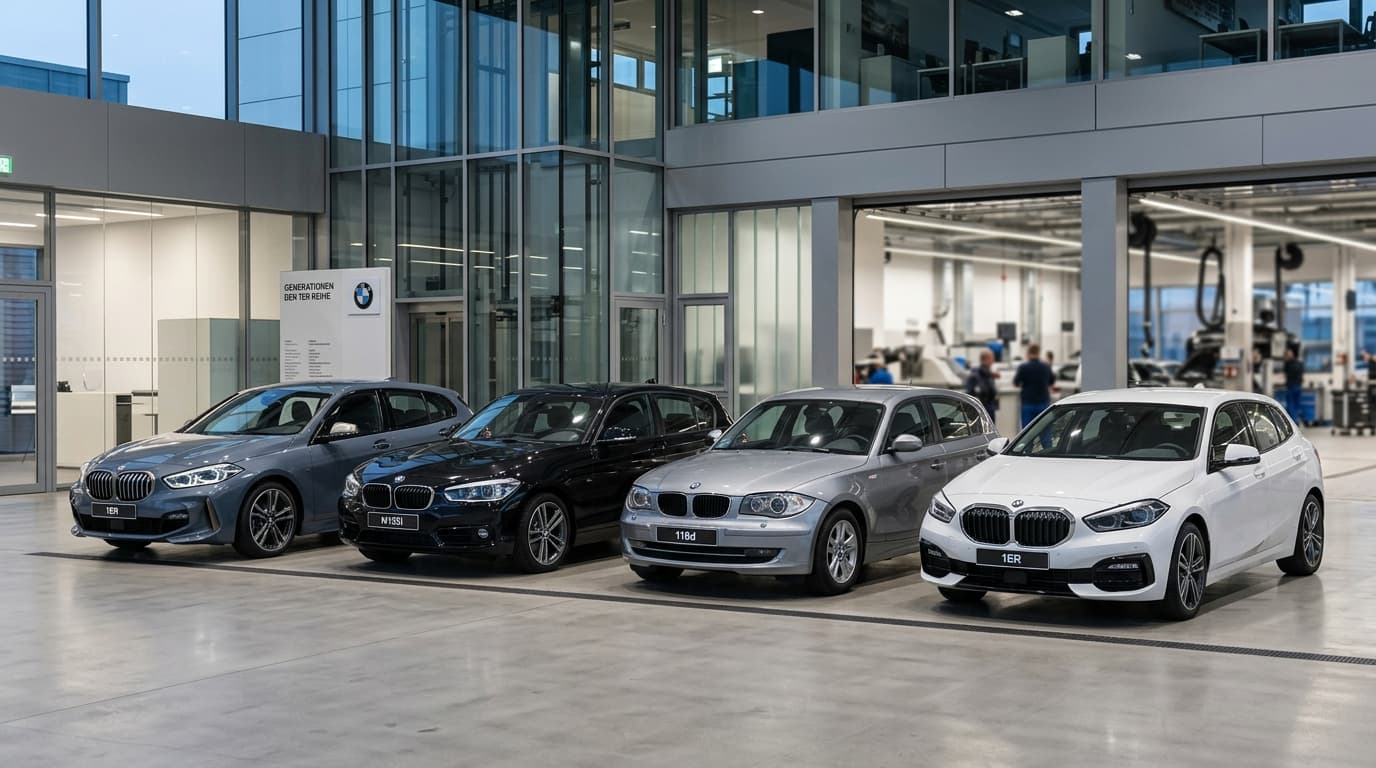 Verschiedene Generationen des BMW 1er nebeneinander, die Evolution der Baureihe zeigend