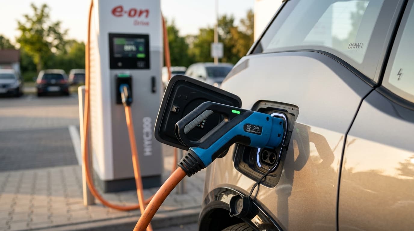 Schnellladestecker wird an den Ladeanschluss des BMW i3 angesteckt