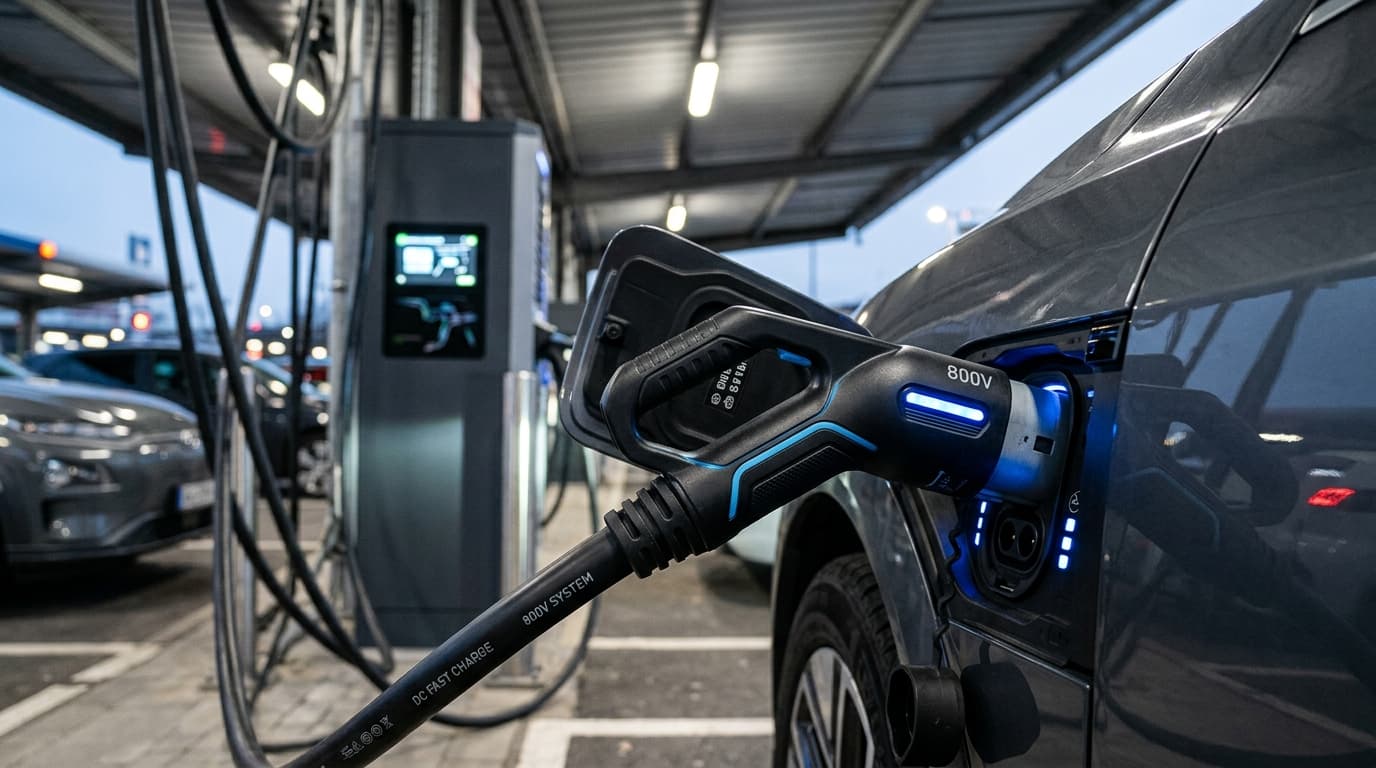 Nahaufnahme eines DC-Schnellladesteckers beim Laden eines Elektrofahrzeugs, symbolisiert die 800-Volt-Schnellladetechnik
