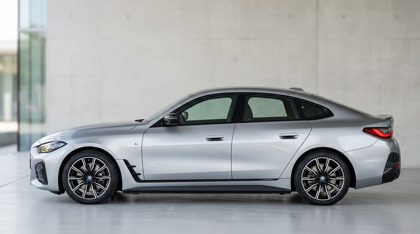 BMW i4 Gran Coupé G26 in Seitenansicht, silbernes Elektroauto mit charakteristischer flacher Dachlinie und auslaufendem Heck