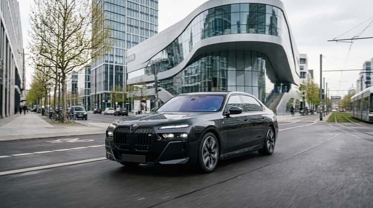 BMW 7er Limousine von vorne-links in urbaner Umgebung