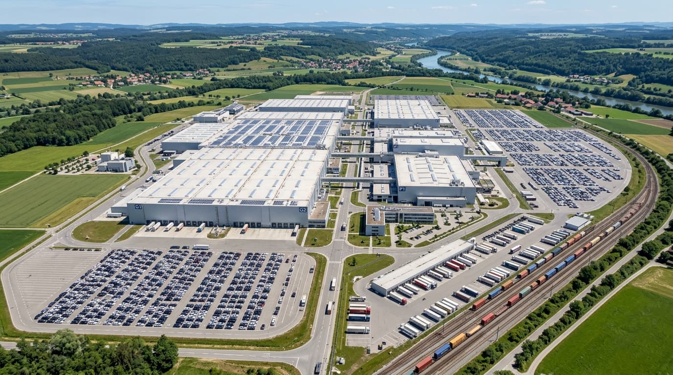 Luftaufnahme eines Automobilwerks mit Produktionshallen und Logistikinfrastruktur