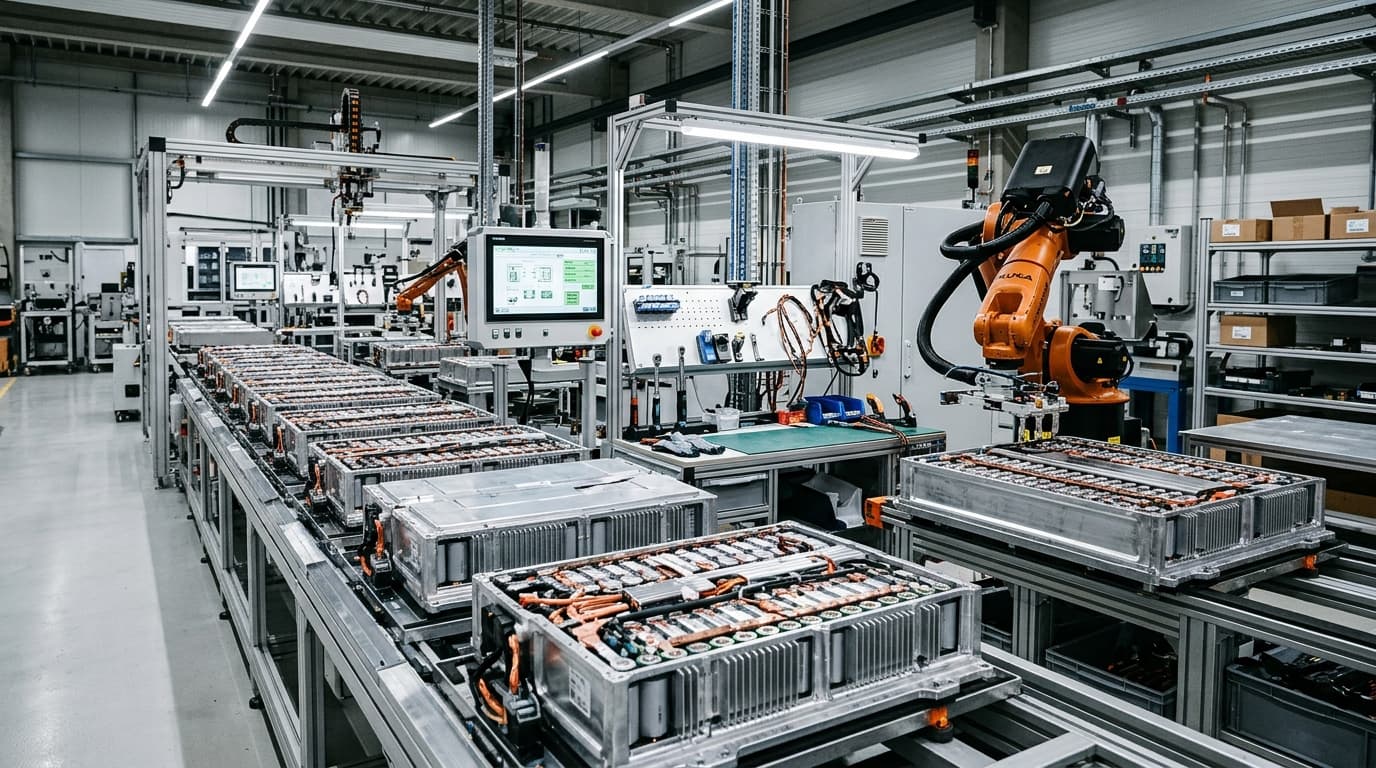 Nahaufnahme von Batteriemodulen in einer Fertigungshalle