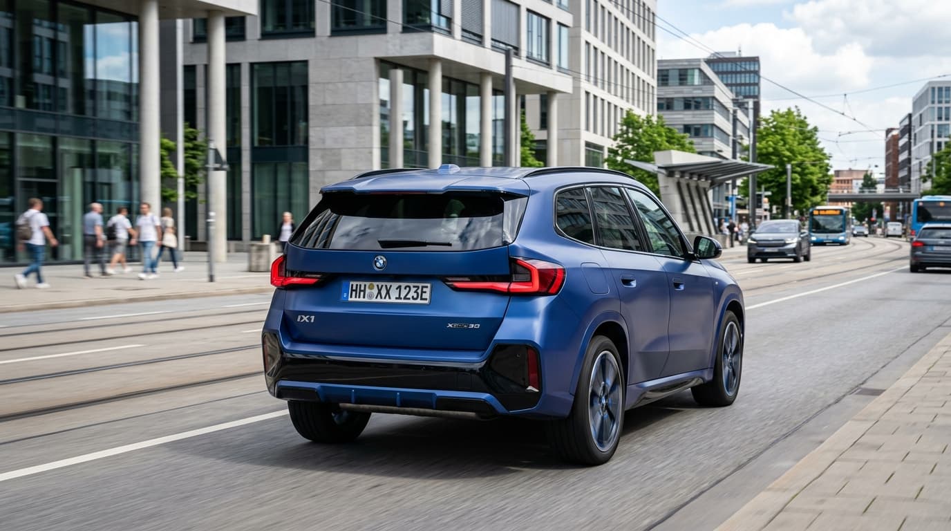 BMW iX1 zweite Generation, Ansicht von hinten auf einem städtischen Boulevard, modernes kompaktes Elektro-SUV mit iX3-inspiriertem Design