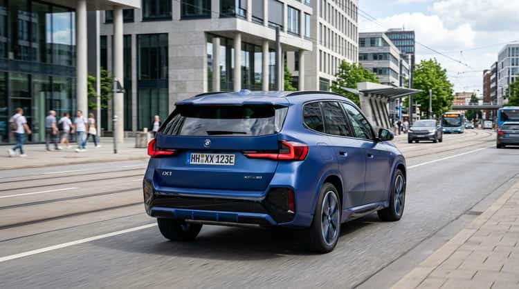 BMW iX1 zweite Generation, Ansicht von hinten auf einem städtischen Boulevard, modernes kompaktes Elektro-SUV mit iX3-inspiriertem Design
