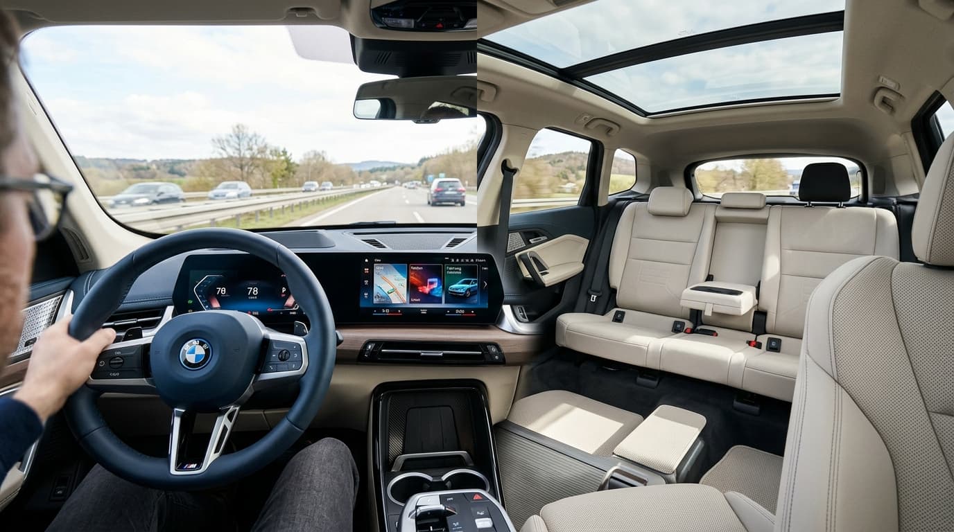 Innenraum BMW iX1 neue Generation mit iDrive X Bedienkonzept, Blick über die Schulter des Fahrers auf Lenkrad und Display, flacher Fußraum ohne Mitteltunnel