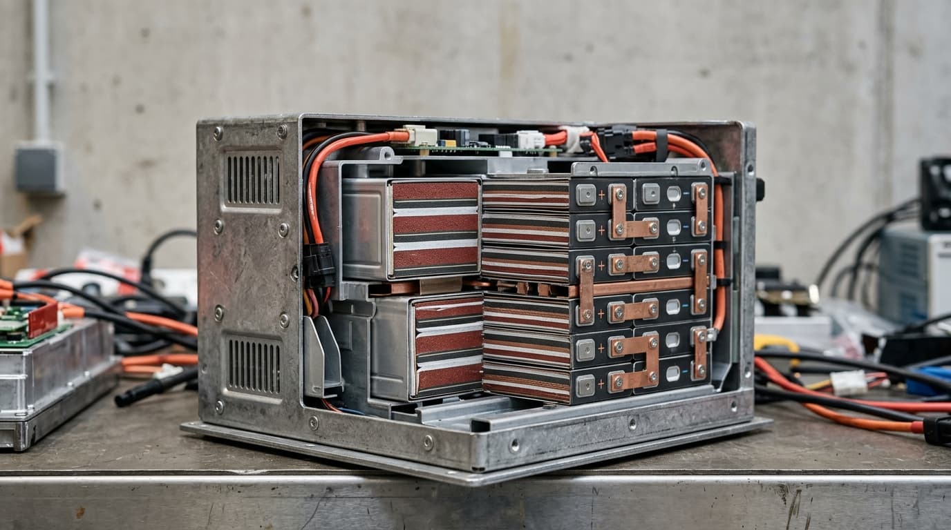 Nahaufnahme eines LFP-Batteriepacks, Lithium-Eisenphosphat-Akkuzellen in technischer Darstellung
