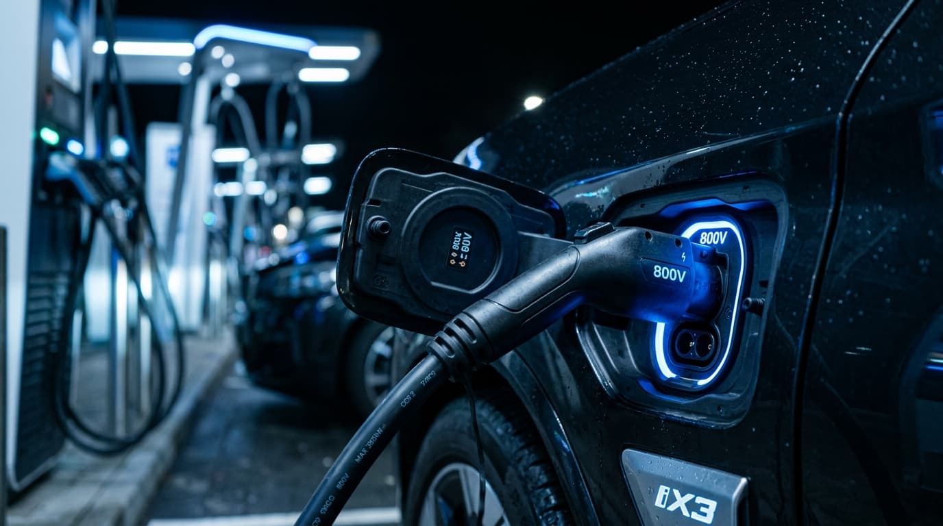 Detailaufnahme des Schnelllade-Anschlusses an einem BMW iX3, mit moderner DC-Ladetechnik für 300 kW Ladeleistung