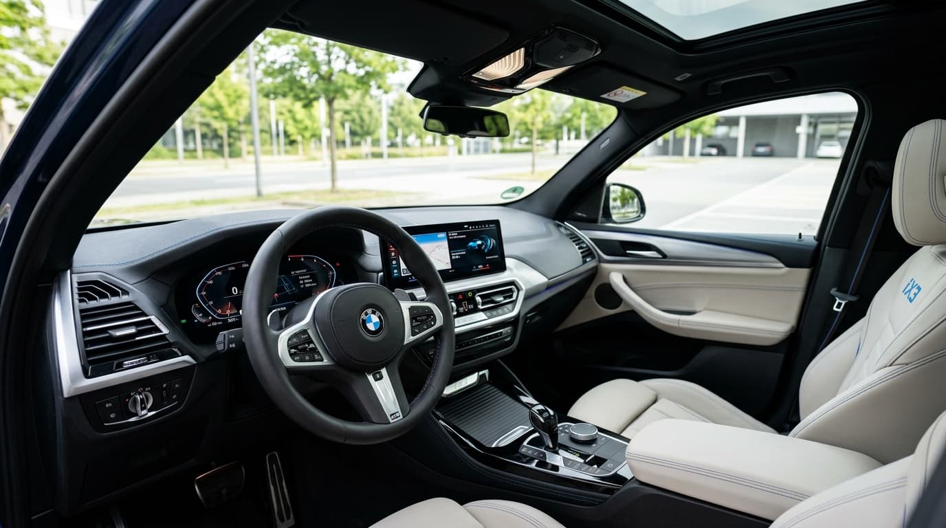Das Cockpit des BMW iX3 mit digitalem Display und modernem Lenkrad