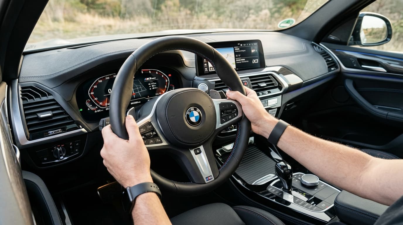 Innenraum des BMW iX3 M60 mit modernem Cockpit und M Sportlenkrad.