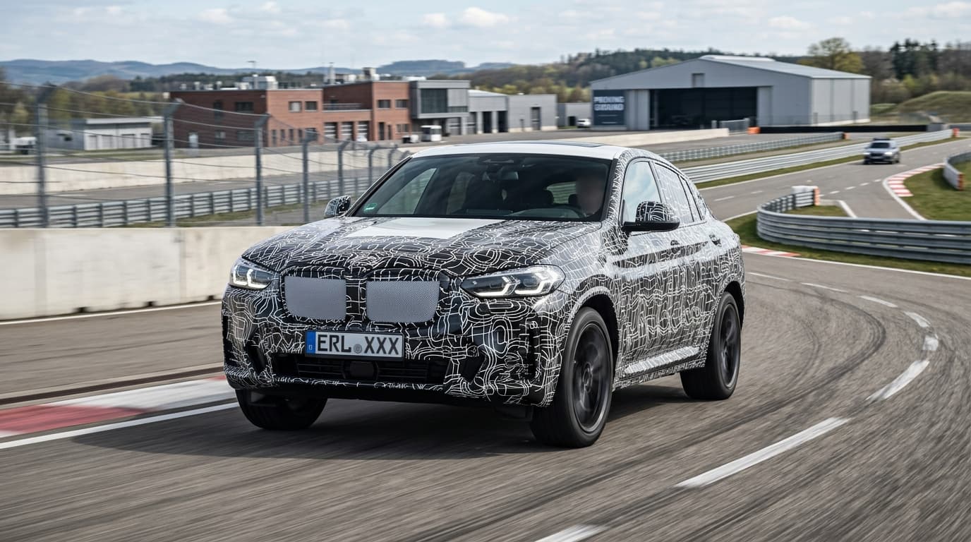 Getarnter Erlkönig des kommenden BMW iX4 der Neuen Klasse in Frontansicht auf einer Teststrecke