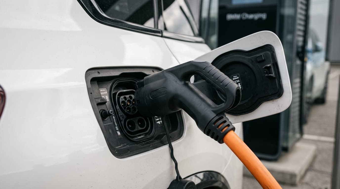 Ladeanschluss des BMW iX5 60 xDrive mit modernem Ladekabel, technische Detailaufnahme