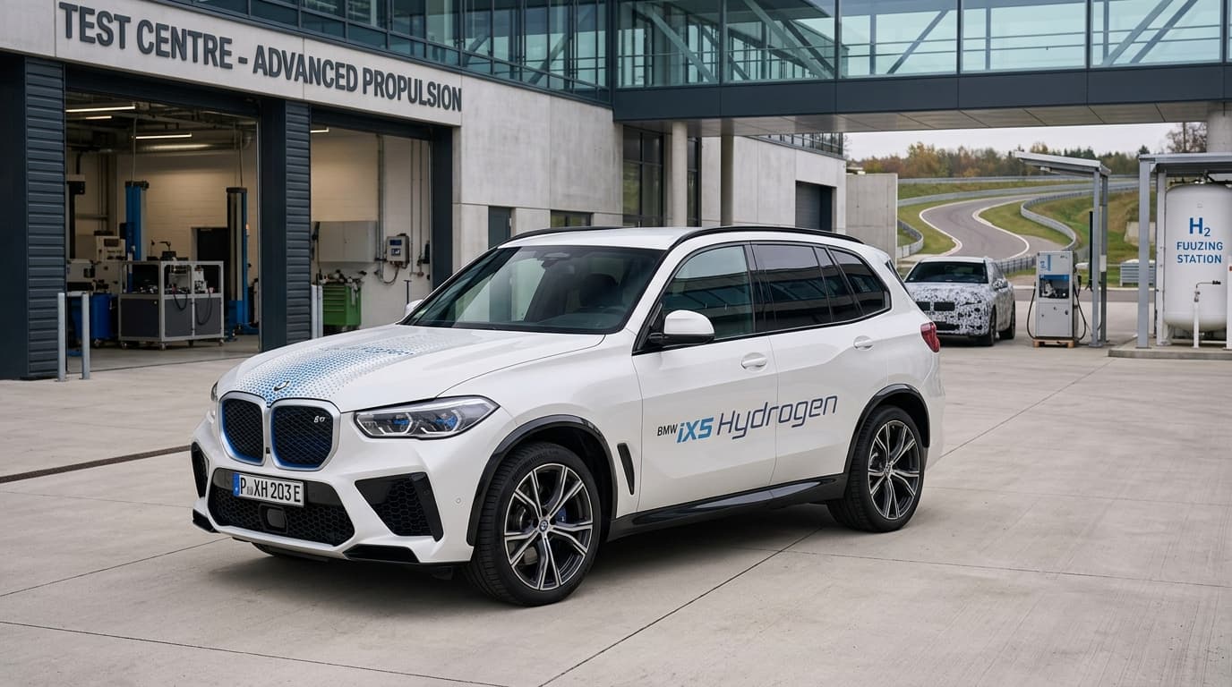 Der BMW iX5 Hydrogen Prototyp in Dreiviertelsansicht, ein großes modernes SUV mit charakteristischer BMW-Frontgestaltung