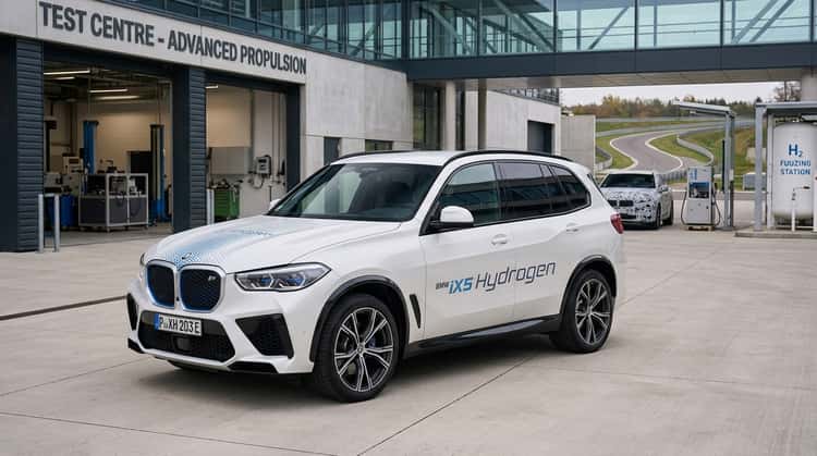 Der BMW iX5 Hydrogen Prototyp in Dreiviertelsansicht, ein großes modernes SUV mit charakteristischer BMW-Frontgestaltung