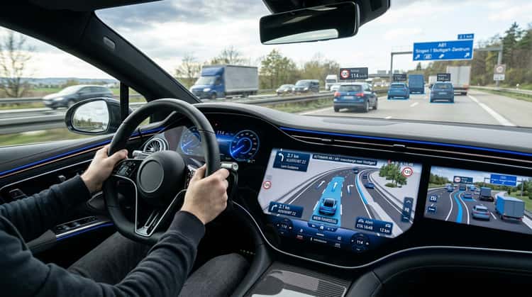 Blick auf das Zentral-Display eines modernen BMW mit der neuen 3D-Navigationskarte und Fahrerassistenzdarstellung