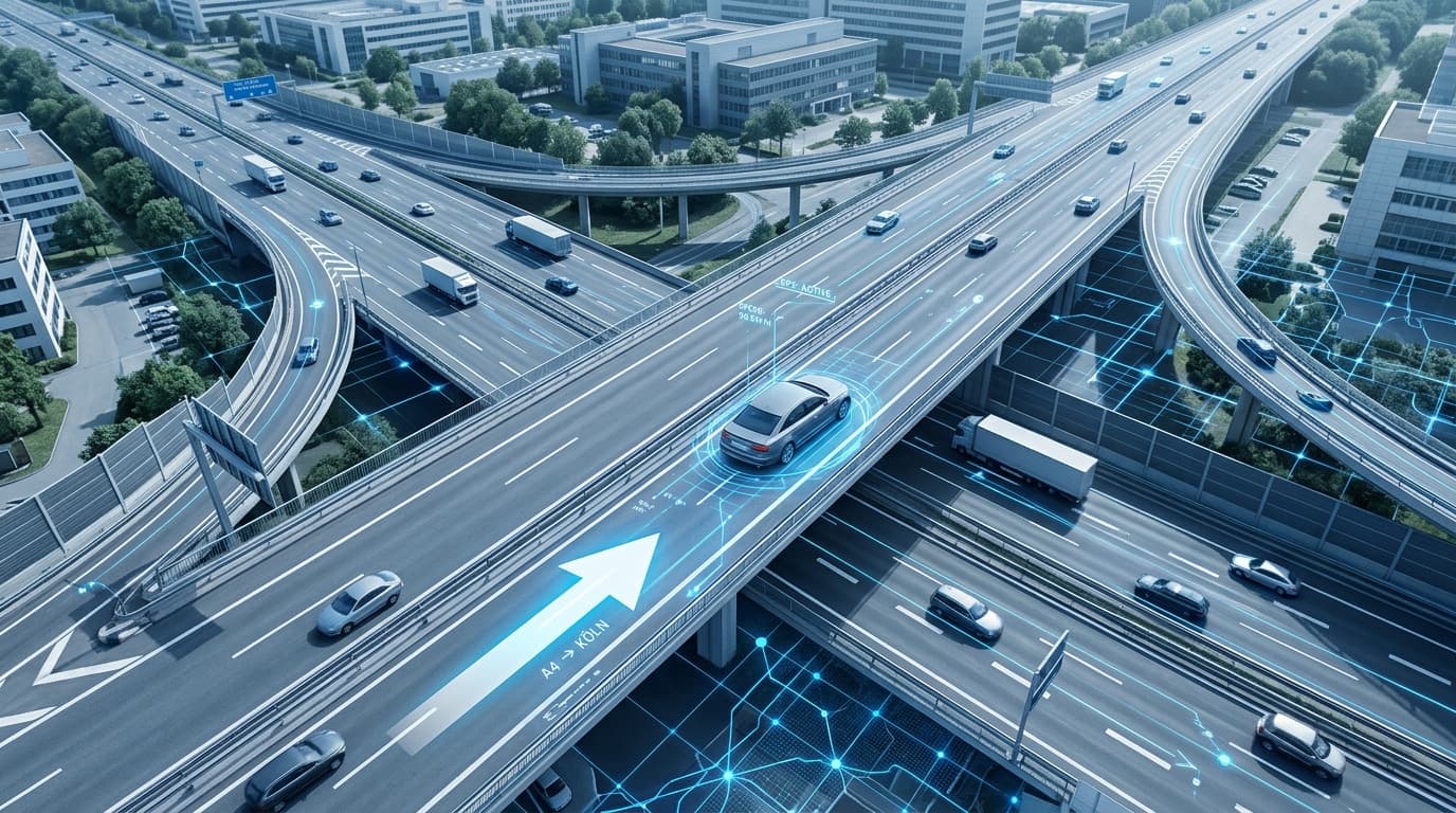 Schematische 3D-Ansicht eines Fahrzeugs auf einer Autobahn mit erkanntem Umfeld und Fahrbahnebenendaten