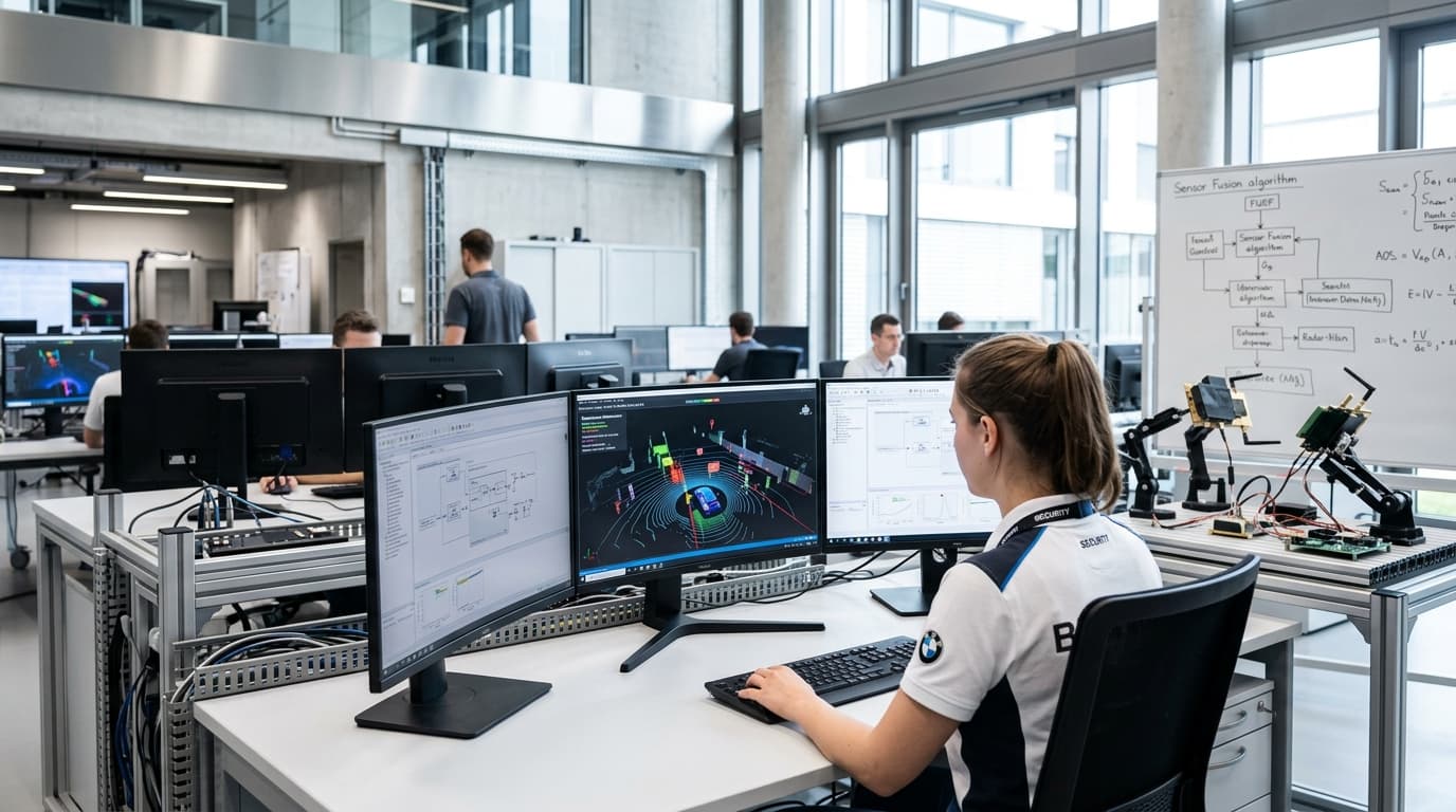 Ein Ingenieur arbeitet an modernem Arbeitsplatz mit mehreren Bildschirmen, die Fahrerassistenzsysteme und Sensortechnik visualisieren.