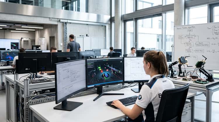 Ein Ingenieur arbeitet an modernem Arbeitsplatz mit mehreren Bildschirmen, die Fahrerassistenzsysteme und Sensortechnik visualisieren.