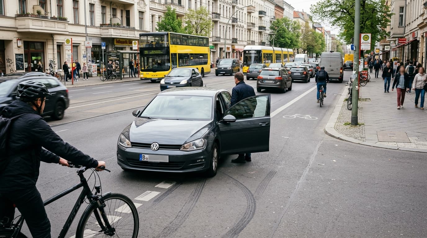 Stadtverkehr mit einem Auto, dessen Tür geöffnet ist, während sich ein Fahrrad nähert – eine typische Dooring-Unfallsituation im urbanen Raum.