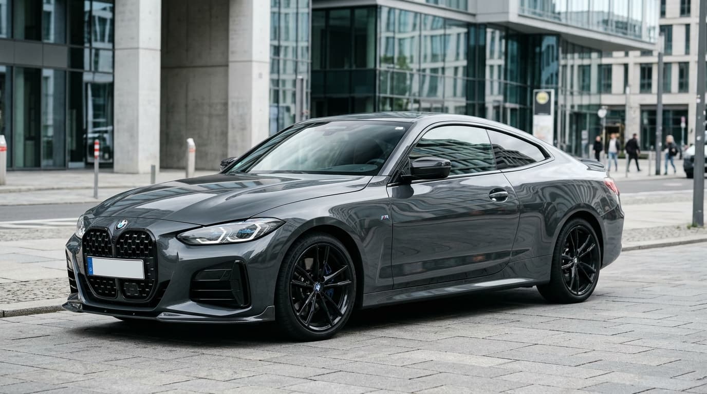 BMW 4er M440i Coupé mit schwarzem M Logo an der Seitenwand und neuen 19-Zoll-M-Felgen in Jetblack