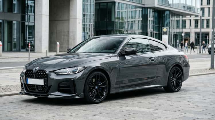 BMW 4er M440i Coupé mit schwarzem M Logo an der Seitenwand und neuen 19-Zoll-M-Felgen in Jetblack