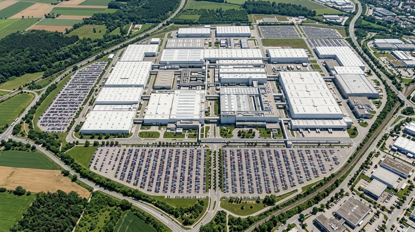 Luftaufnahme des BMW-Werks Regensburg mit Hallenkomplexen, Parkplätzen und Fahrzeugen