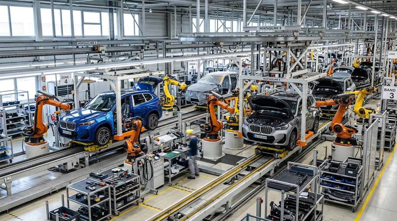 Montagelinie in der Fabrik mit BMW-Fahrzeugen unterschiedlicher Modelle auf Förderbändern