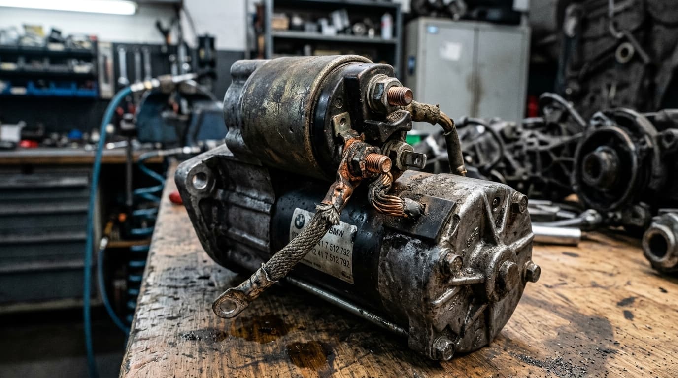 Detailaufnahme eines defekten BMW Starters mit Starterrelais, das bei dem Rückruf 16790R ausgetauscht wird
