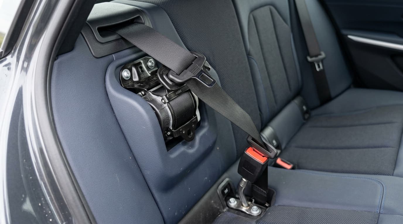 Nahaufnahme eines Sicherheitsgurts in einem BMW, mit Fokus auf den Gurtmechanismus der zweiten Sitzreihe.