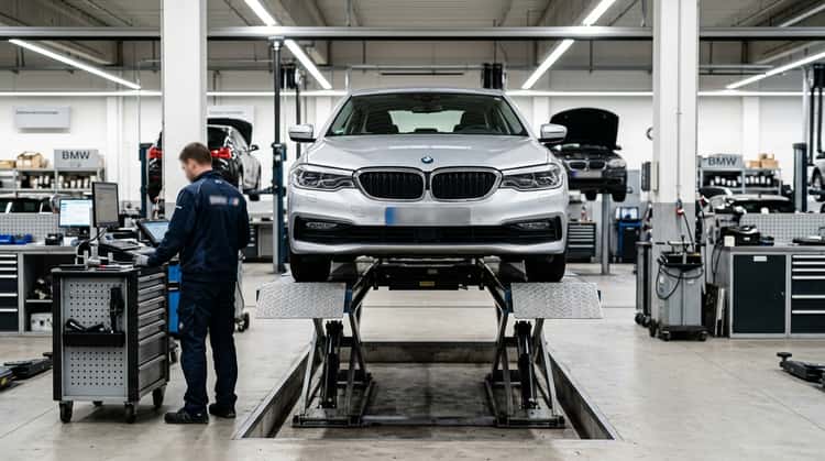 Ein BMW der Baureihen 3er, 5er oder 7er steht in einer Werkstatt auf einer Hebebühne, ein Techniker arbeitet daran