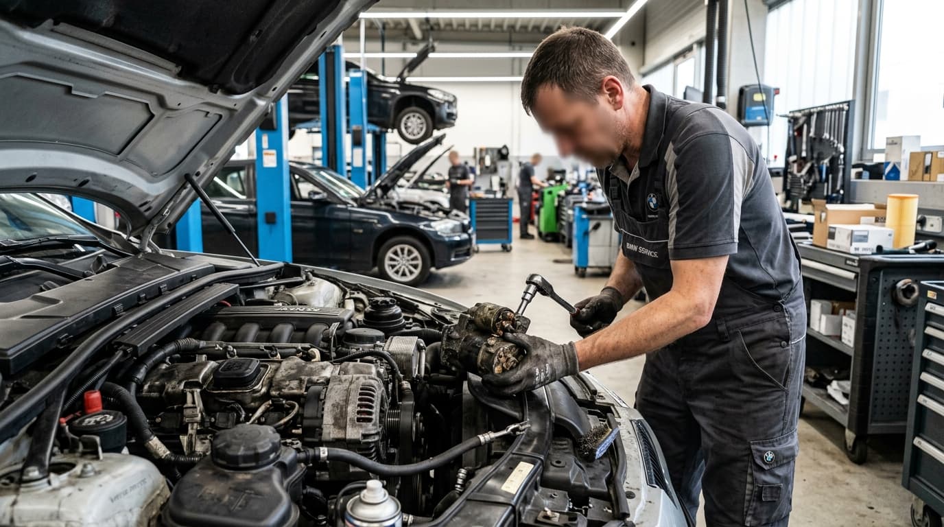 Ein Mechaniker wechselt einen defekten Starter in einer BMW-Werkstatt aus.