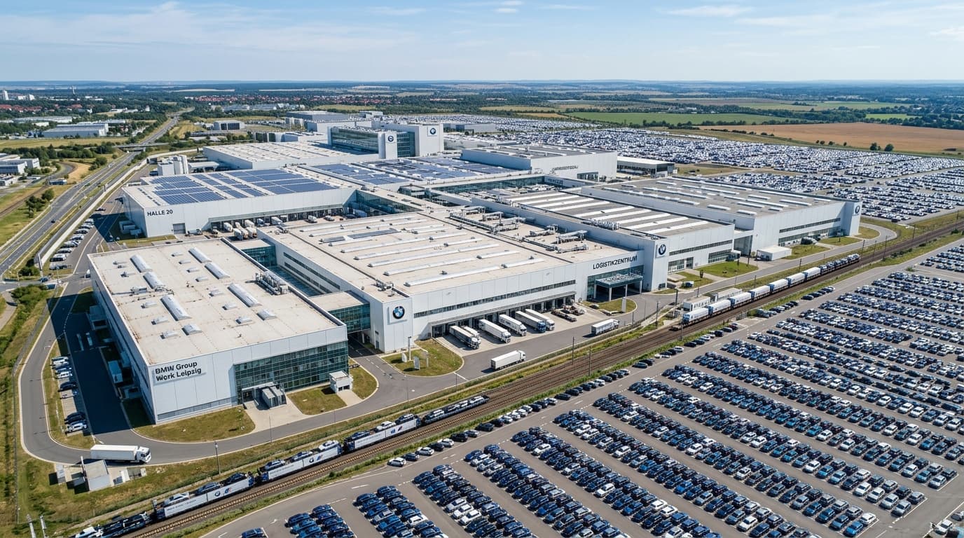 Außenansicht einer BMW-Produktionsstätte mit mehreren Fabrikhallen.