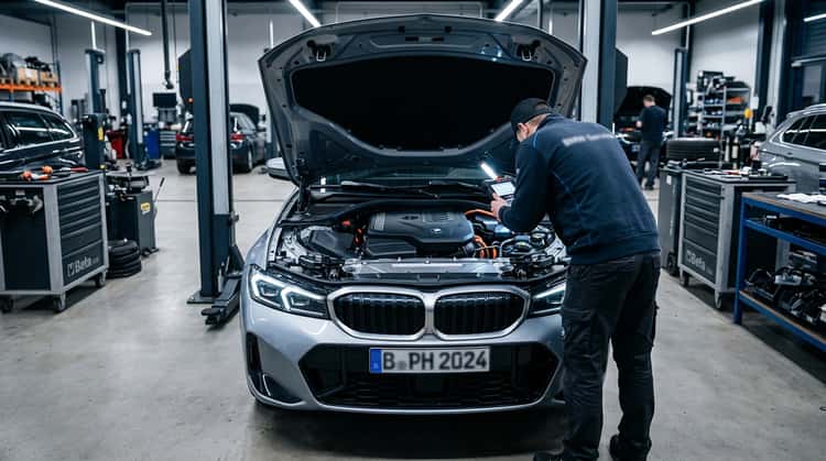 Ein BMW 3er mit Plug-in-Hybrid-Antrieb steht in einer Werkstatt, ein Techniker öffnet die Motorhaube zur Inspektion