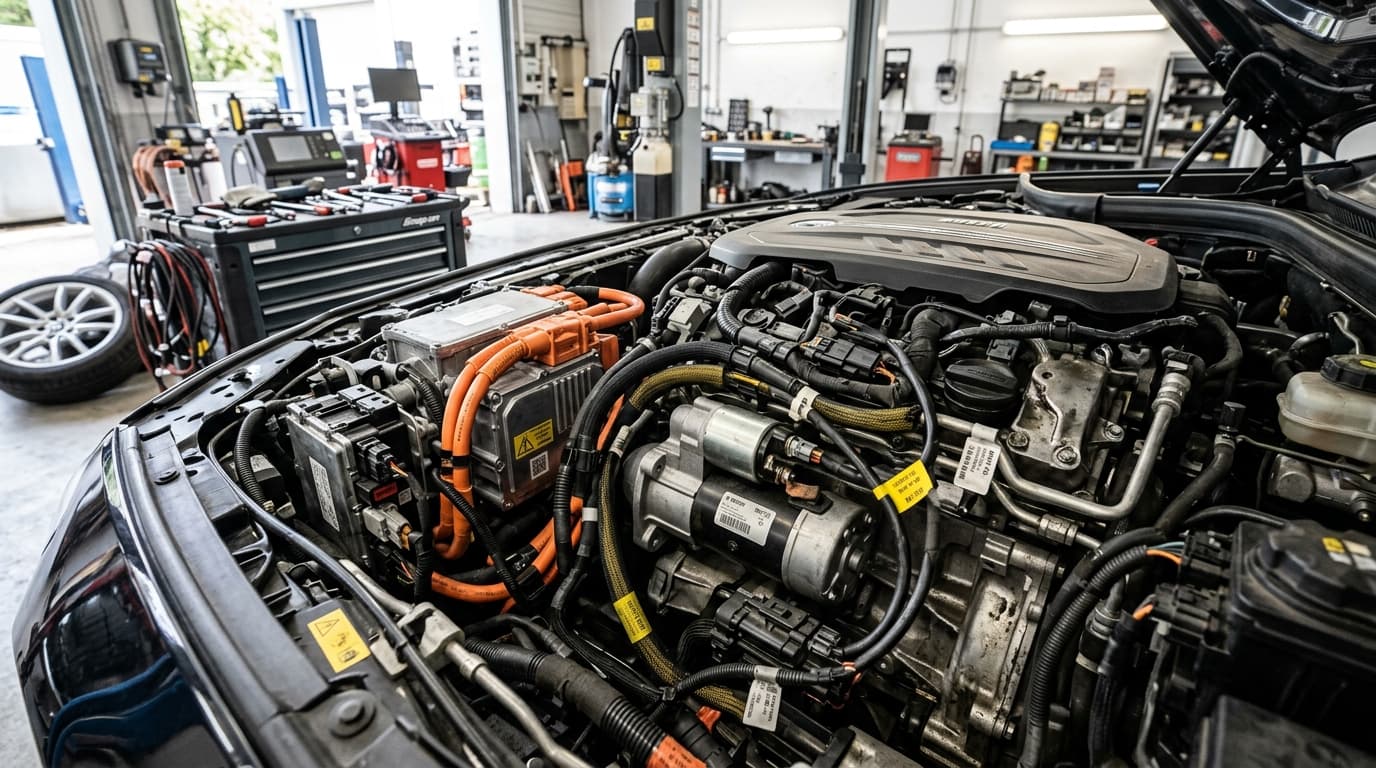 Detailansicht eines Anlassers in einem BMW 5er Touring - zeigt die technische Komponente, die von dem Rückruf betroffen ist