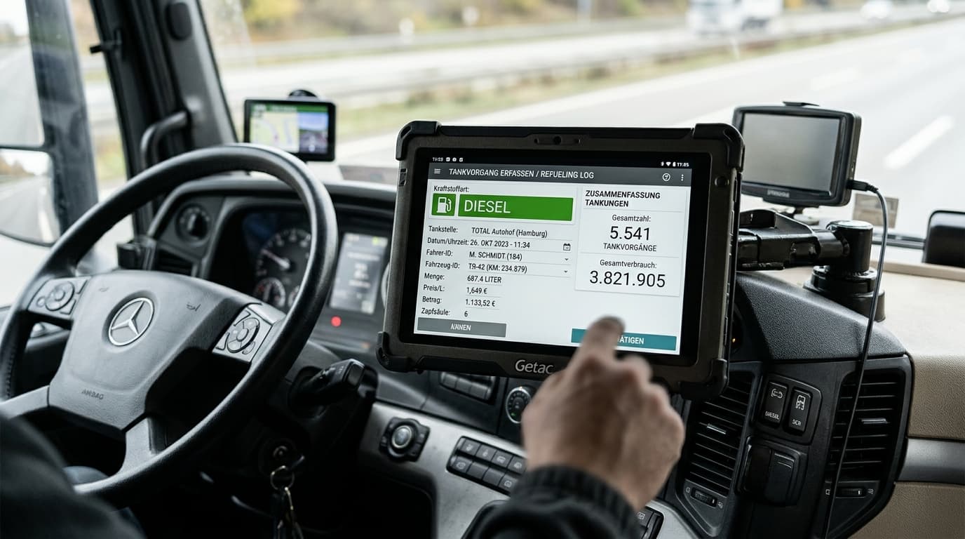Digitale Erfassung eines Tankvorgangs im Bordcomputer eines Fahrzeugs.