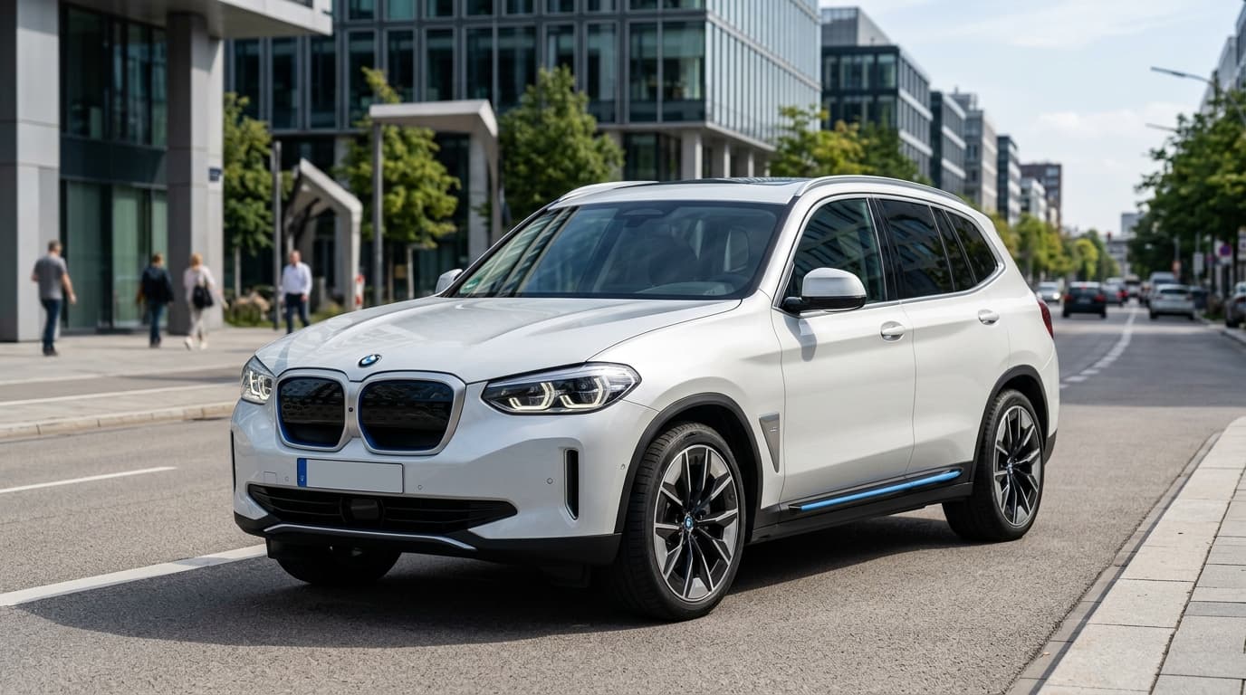 Der BMW iX3 der Neuen Klasse steht auf einer urbanen Straße und zeigt sein modernes SUV-Design mit markanter Front.