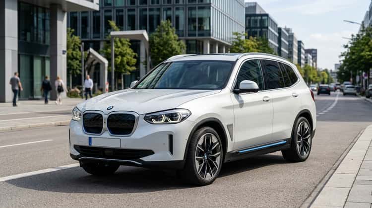 Der BMW iX3 der Neuen Klasse steht auf einer urbanen Straße und zeigt sein modernes SUV-Design mit markanter Front.