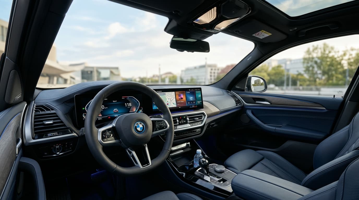 Das Cockpit des neuen BMW iX3 zeigt das digitale Bedienkonzept mit modernem Instrumentencluster und großem Touchdisplay.
