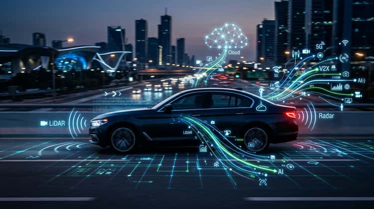 Visualisierung von Fahrzeugdatenfluss: Ein moderner BMW ist umgeben von leuchtenden Datensymbolen und Sensorsignalen, die die erweiterte Datenerhebung für Fahrerassistenzsysteme darstellen.