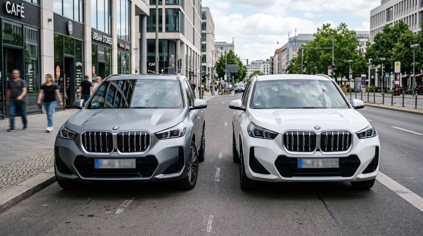 Ein BMW X1 mit Benzinmotor und ein iX1 Elektro-SUV stehen nebeneinander in einer urbanen Straßenszene.