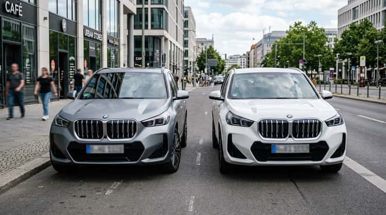 Ein BMW X1 mit Benzinmotor und ein iX1 Elektro-SUV stehen nebeneinander in einer urbanen Straßenszene.