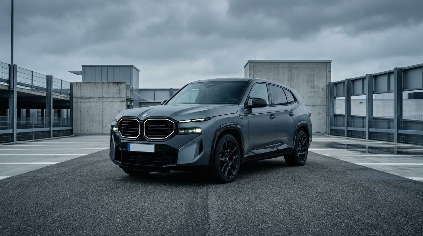 Der BMW XM, ein großes sportliches SUV mit M-Designelementen, steht auf einem modernen Parkplatz unter grauem Himmel.