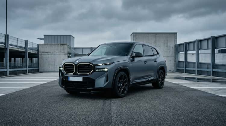 Der BMW XM, ein großes sportliches SUV mit M-Designelementen, steht auf einem modernen Parkplatz unter grauem Himmel.