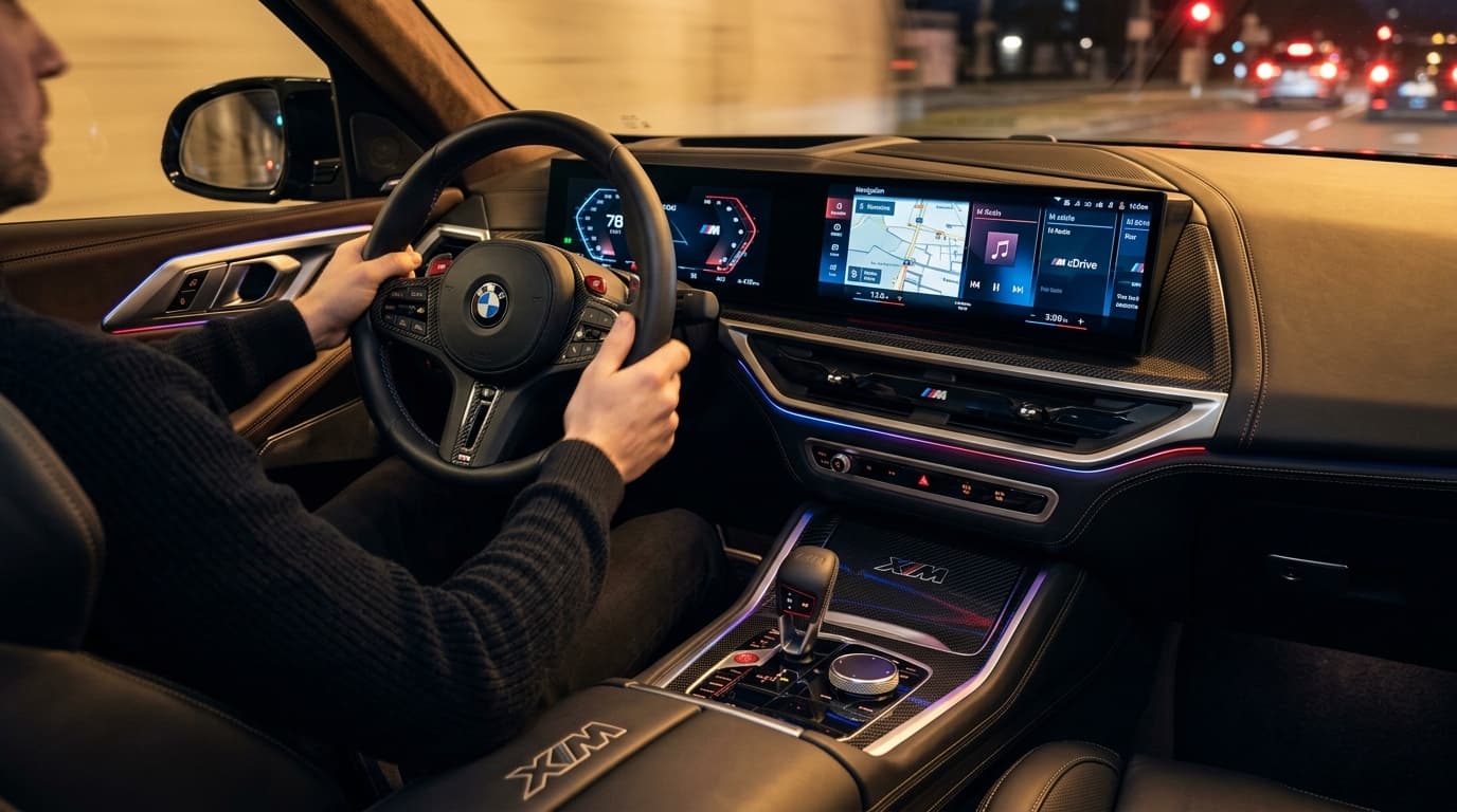 Blick auf das hochwertige Interieur des BMW XM mit modernem Curved-Display und M-spezifischer Ausstattung.