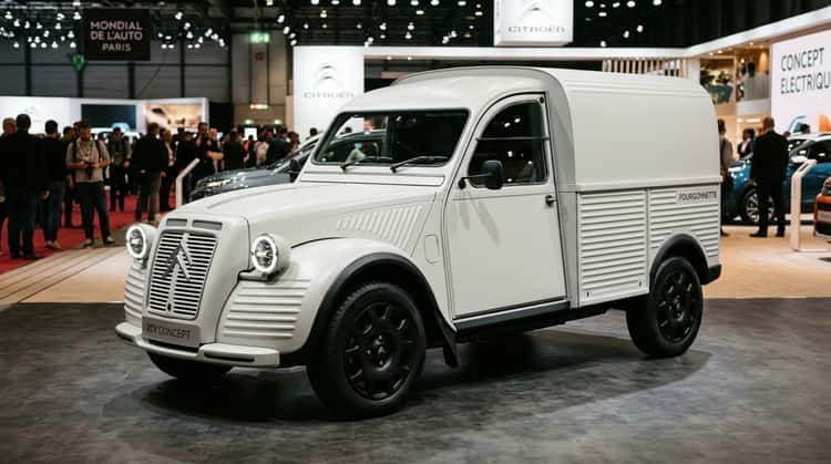 Citroën 2CV Fourgonnette Concept: elektrischer Kastenwagen mit gewelltem Blechaufbau in 3/4-Frontansicht