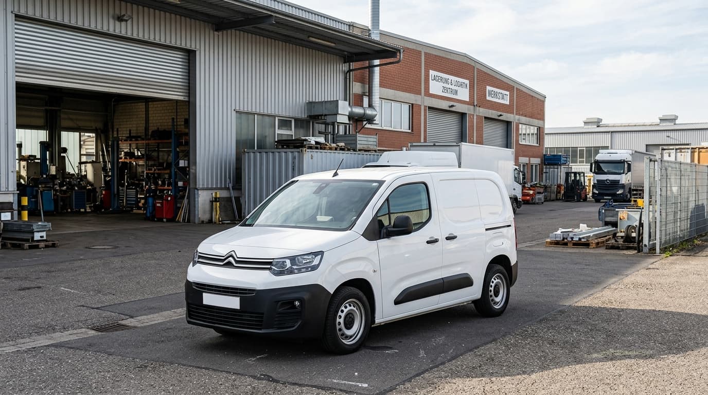 Citroën Berlingo Kastenwagen First, Frontseitenansicht, vor Gewerbegebäude