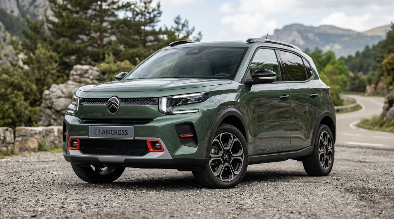 Citroën C3 Aircross Outdoor in Sequoia-Grün mit charakteristischem Stoßfänger und roten Designelementen